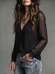 SHEIN Women's Fashion V-Neck Lace Patchwork Puff Sleeve Single-Breasted Blouse, Suitable For Daily Commute, Date, Casual Gathering - Black - View 4