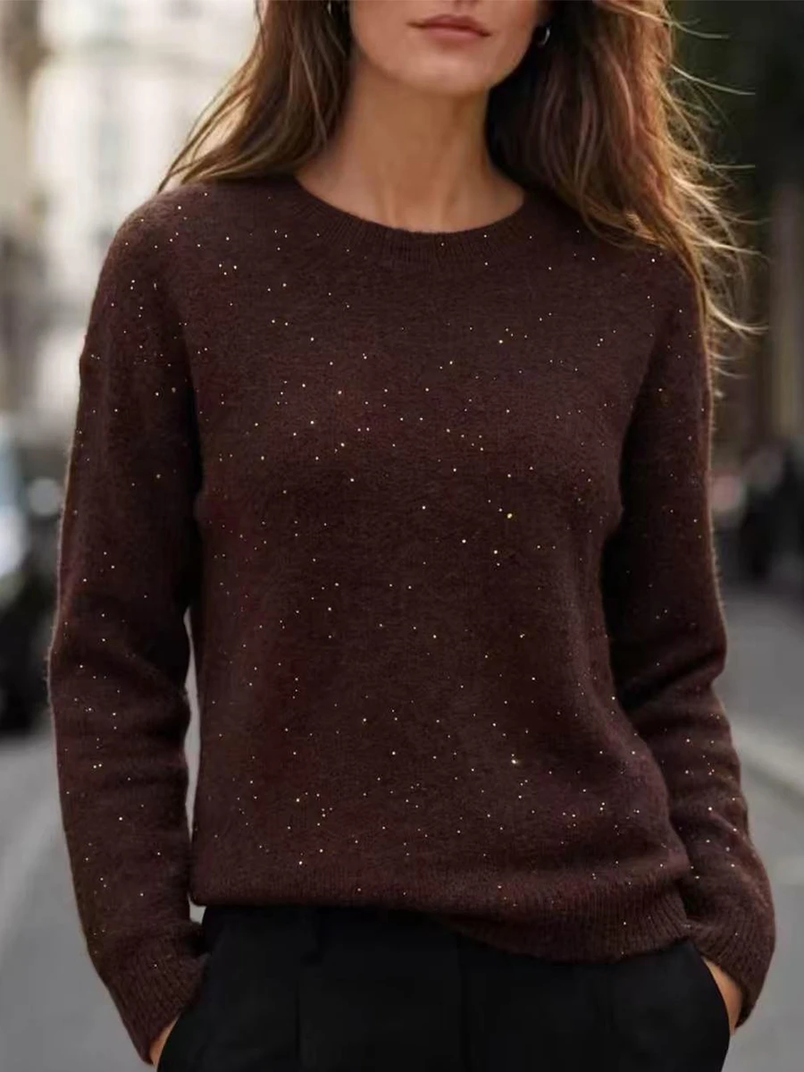SHEIN LUNE Women's Casual Sequin Decorated Sweater, Autumn/Winter - Brown - View 1