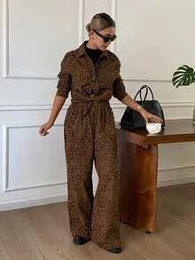 Livesso Brown Leopard Print Lapel Long Sleeve Single-Breasted Shirt With Matching Wide Leg Pants Casual 2 Pieces Set Fall - Black - View 5