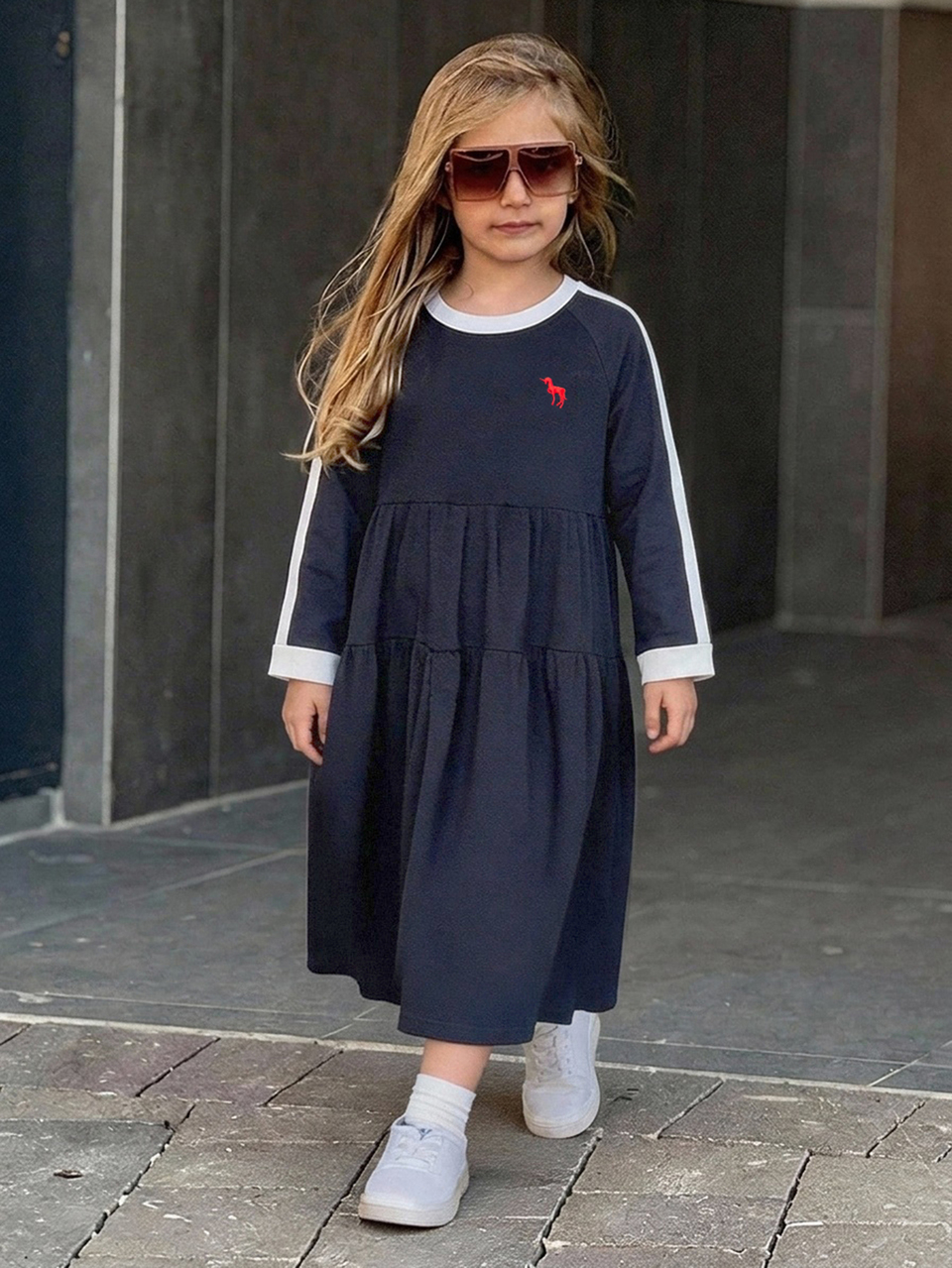 Young Girl Contrast Color Round Neck Raglan Long Sleeve Ruffle Hem Casual Dress