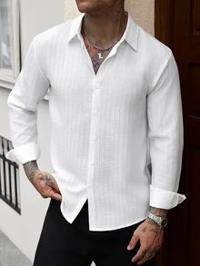 Manfinity CasualCool Men's Casual White Long Sleeve Single-Breasted Shirt - White - View 6