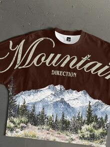 StoneGrade Men's Letter & Mountain Print Crew Neck Loose Cropped Batwing Short Sleeve Casual T-Shirt - Brown - View 3