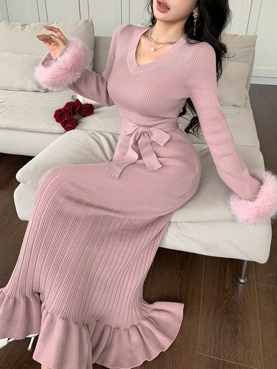 Feyla New French Design V-Neck Cinched Waist Furry Ruffle Cuff Sexy Elegant Lady Style Knit Dress - Dusty Pink - View 1