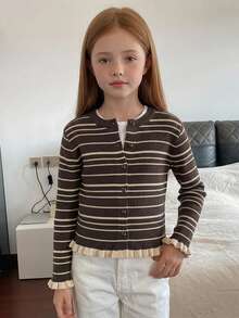 DAZY Tween Girls Striped Colorblock Frill Trim Basic Short Cardigan Sweater, Autumn/Winter - Brown - View 4