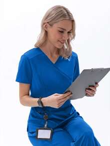 TaskEZ Women's Matte Wrap Top With 2 Pockets And Princess Seams On Back - Royal Blue - View 9