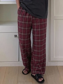 DAZY Spring/Autumn Burgundy Plaid Brushed Fabric Elastic Waist Long Pants Men's Loungewear Bottoms - Burgundy - View 1