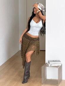 Coolane 女款蕾絲不對稱下擺時尚裙 - 軍綠色 - 查看 2