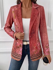 SHEIN Clasi 女款夏季花卉印花翻領西裝外套，適合通勤、街頭穿搭與派對造型 - 彩色 - 查看 4