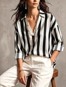 LUMIGAL Women's Early Autumn Old Money Style Striped Pattern V-Neck Design Blouse, Suitable For Commuting, Casual Daily Wear, Versatile Fashionable Shirt - Black - View 5
