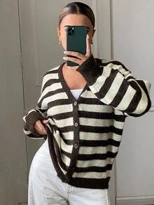 DAZY Women's Autumn/Winter Casual Color-Block Striped Cardigan - Brown - View 1