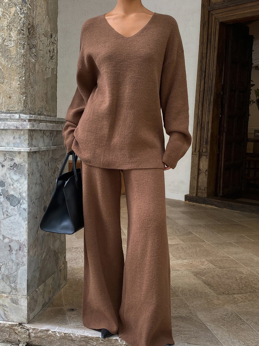 DAZY Autumn/Winter V-Neck Loose Drop Shoulder Sweater & Wide Leg Long Pants Casual Commute Daily Women's Knitwear Two Pieces Set - Coffee Brown - View 1
