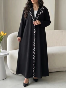 Al Najma Plus Size Women's Floral Embroidered Trim Lapel Neck Long Sleeve Abaya - Black - View 1