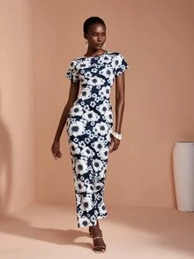 JIAN LASALA Multi Floral Print Short Batwing Sleeve Back Slit Long Dress Vacation Party Casual - Multicolor - View 5