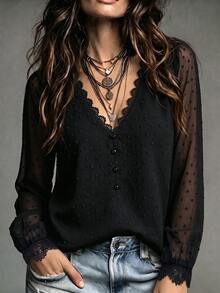 SHEIN Women's Fashion V-Neck Lace Patchwork Puff Sleeve Single-Breasted Blouse, Suitable For Daily Commute, Date, Casual Gathering - Black - View 1