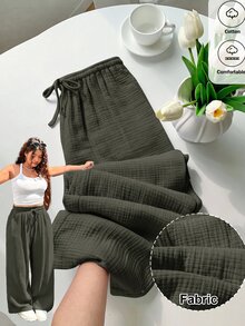 GalTyme 大尺碼女款純色抽繩腰休閒百搭日常穿著長褲 - 軍綠色 - 查看 1