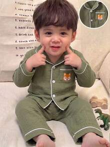 2pcs Baby Boy Comfortable Soft Cotton Crinkle Fabric Forest Green Collared Button-Up Pocket Embroidered Cute Fox Pattern Collar Placket Cuff Trim Design Long Sleeve Pants Cotton Woven Set - Multicolor - View 8