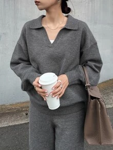 FRIFUL Women's Solid Color Long Sleeve Top And Pants Knit Two Pieces Set - Grey - View 5