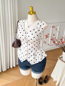 Comfortcana Plus Size Polka Dot Print Waist-Cinching Blazer Vest - White - View 3