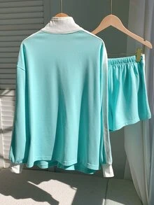 Comfortcana Fall Back To School Preppy Campus Zip Up Stand Collar Side Stripe Mint Green White 3 Pieces Athleisur - Mint Green - View 2