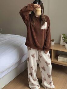 Comfortcana Women's Cartoon Bear Pocket Design Long Sleeve Top And Pants Casual 2 Pieces Set - Multicolor - View 9