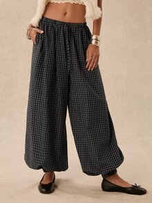 Easelle Vintage Bohemian Low Waist Wide Leg Plaid Women's Long Pants - Multicolor - View 1