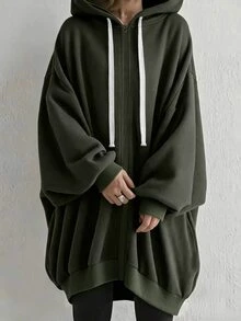 INAWLY 大尺碼女款落肩長袖前拉鍊抽繩連帽運動衫 - 墨綠色 - 查看 1