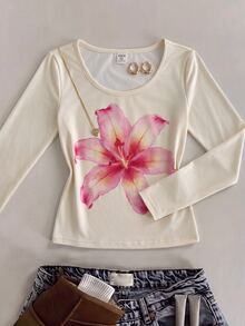 SHEIN Tween Girl Tween Girls Fashion Casual Daily Printed Round Neck Long Sleeve Top - Yellow - View 1