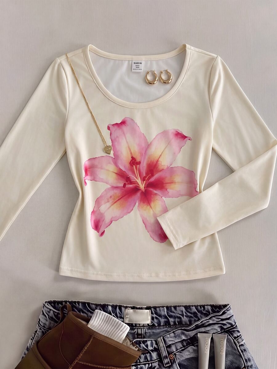 SHEIN Tween Girl Tween Girls Fashion Casual Daily Printed Round Neck Long Sleeve Top - Yellow - View 1