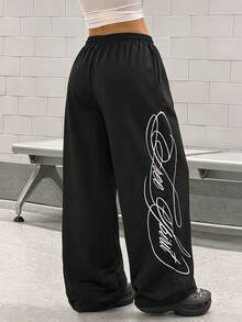 StreetHx Women's Letter Print Drawstring Waist Casual Wide Leg Pants - Black - View 2