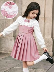 SHEIN Elladie kids 少女蕾絲刺繡百褶洋裝，大領設計百褶下擺連身裙，適合日常通勤休閒返校季穿著 - 粉色 - 查看 1