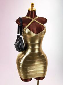 Amplova Women's Metallic Fabric Sexy Mini Dress - Gold - View 6