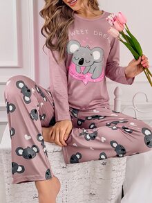 SweetSlumber Cute Koala Girl Autumn Long Sleeve Long Pants Women's Pajama Set - Dusty Pink - View 3