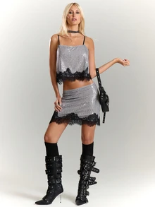 BAD SUNDAY Women's 2 Pieces Set, All-Season Party Outfit With Sequin Fabric Contrast Lace Trim, Spaghetti Straps, Y2K Millennium Hot Girl Style - Silver - View 3