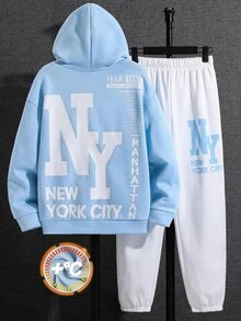 SHEIN 青少年男孩字母印花落肩長袖連帽衛衣與運動長褲休閒套裝 - 彩色 - 查看 1