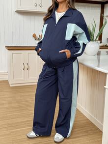 SHEIN Maternity Colorblock Zipper Front Jacket And Adjustable Waist Long Pants Casual 2 Pieces Set - Multicolor - View 6