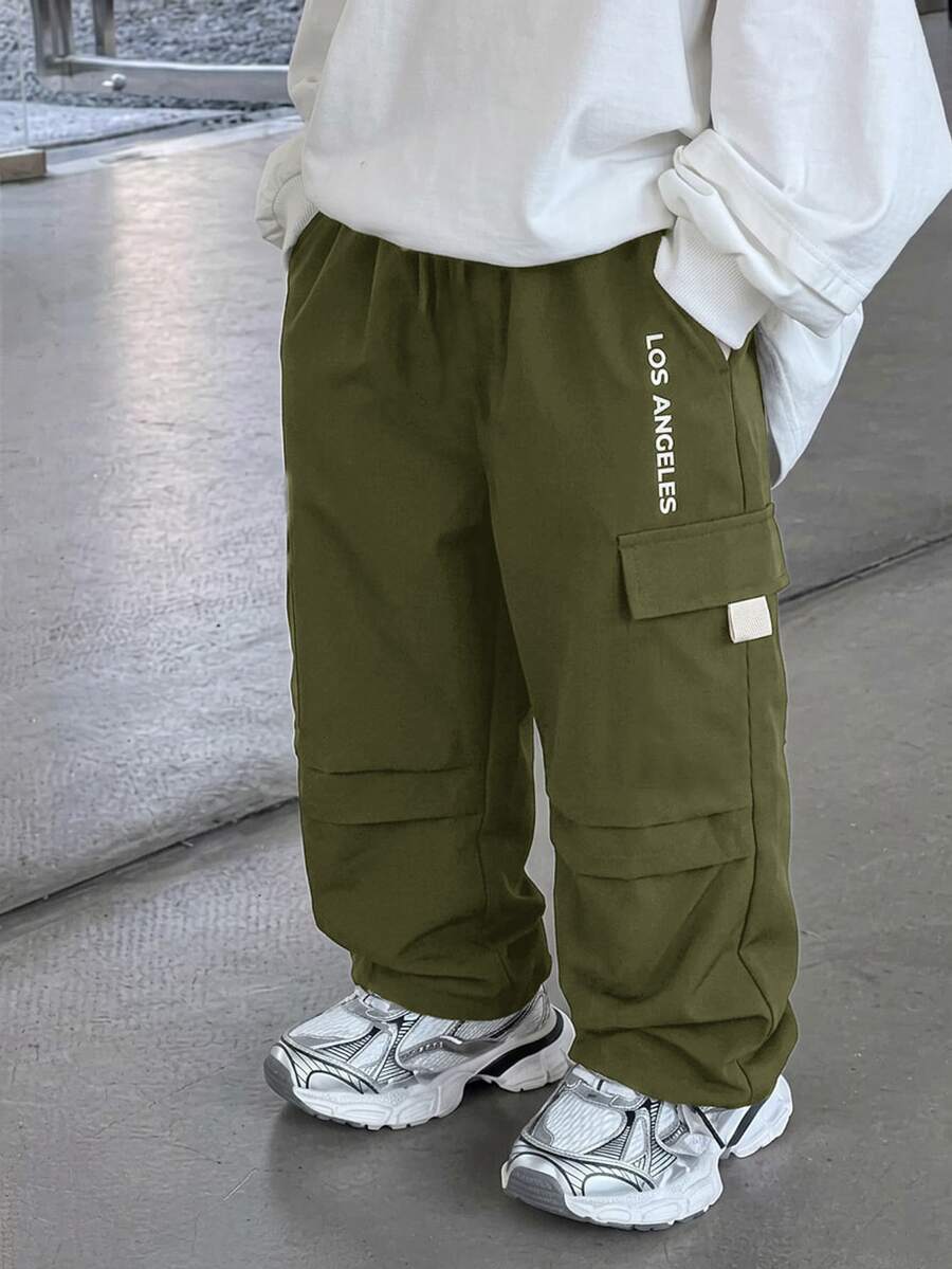 兒童小男孩休閒圖案印花寬鬆工裝長褲,附口袋,適合通勤 - 軍綠色 - 查看 1