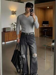 DAZY V-Neck Elastic Ribbed Ribbed Long Sleeve Slim Fit Basic T-Shirt For Men - Grey - View 8