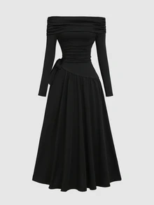 Sweetra Women's Black Spring/Autumn Elegant Casual Comfortable Versatile Off Shoulder Ruched Waist Fitted Bowknot Design Midi Dress - Black - View 3