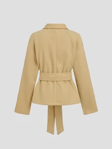 Sweetra Women's Spring Autumn Winter Coffee Camel Wool Blend Elegant Fashion Commuter Lapel Button Belt Tie Short Jacket - Apricot - View 2