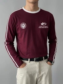 DAZY Summer Letter Print Patchwork Contrast Collar Burgundy Men's T-Shirt - Burgundy - View 6