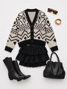 SHEIN Vintage Geometric Pattern Button Front Soft Knit Cardigan Sweater - Black and White - View 8