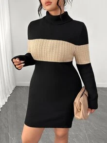 Elenzga Plus Size Women's Colorblock High Neck Ribbed Knit Bodycon Mini Dress, Slim Fit Waist, Long Sleeve, Bodycon, Slimming, Vintage Sexy Style, Autumn/Winter Inner Layer Knit Dress - Multicolor - View 4
