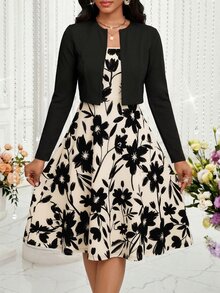 SHEIN Lady Women's Solid Color Long Sleeve Open Front Cardigan And Floral Print Dress Elegant 2 Pieces Set - Multicolor - View 1