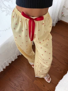 CottageSlumber Dopamine Wide Leg Pants Women Summer Thin Cherry Print Loungewear Pajama Pants - Yellow - View 4