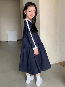 Dazy Kids 女童對比色圓領插肩袖長袖荷葉邊下擺休閒洋裝 秋季 - 寶藍色 - 查看 5