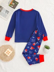 SHEIN 小男孩紅色圖案休閒極簡修身舒適加厚長袖圓領居家服褲子，適合秋冬 - 彩色 - 查看 3