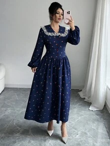 Modelyn 女款海軍藍小碎花印花蕾絲娃娃領前開鈕扣主教袖收腰A字喇叭裙擺中長洋裝，復古田園風，適合秋季感恩節 - 藏蓝色 - 查看 6