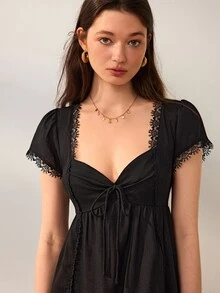 Willow Rêve Women's Black High Waist Ruffle Hem Chiffon Dress, Lace Patchwork With Tie Front, Solid Color Pastoral Romantic Bohemian Style, Suitable For Summer Vacation, Party, Wedding - Black - View 4