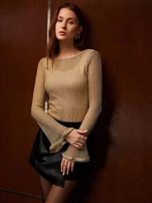 MOTF PREMIUM WOMEN'S SPRING SUMMER AUTUMN SOLID COLOR TEXTURED FABRIC RUFFLE SLEEVE SEMI-SHEER SLIM FIT TOP - Gold - View 6
