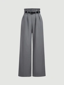 SHEIN MOD Black Belt Loose Wide Leg Suit Pants - Light Grey - View 1